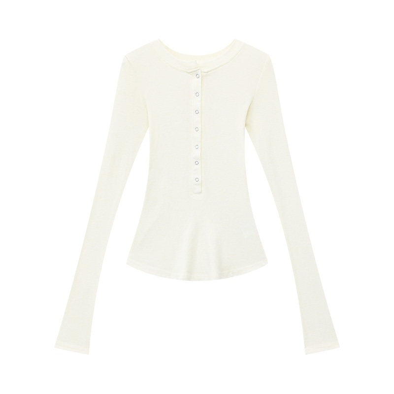 QIUQIU_STUDIO_Vintage_Henley_Button_Slim_Waist_Women&