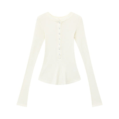 QIUQIU_STUDIO_Vintage_Henley_Button_Slim_Waist_Women&