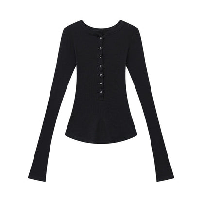 QIUQIU_STUDIO_Vintage_Henley_Button_Slim_Waist_Women&