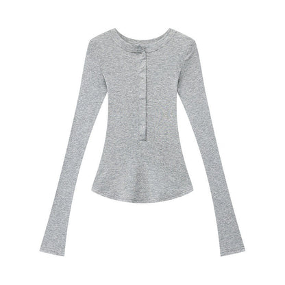 QIUQIU_STUDIO_Vintage_Henley_Button_Slim_Waist_Women&