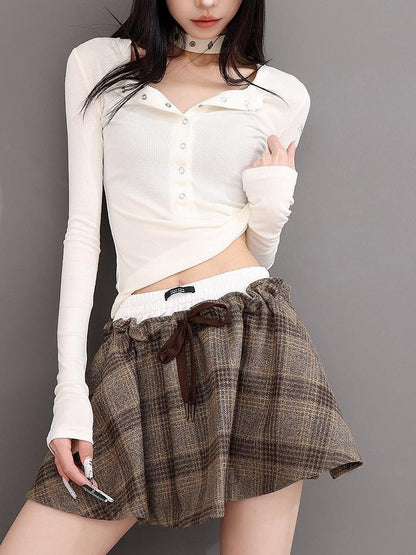 QIUQIU STUDIO Vintage Henley Button Slim Waist Women&