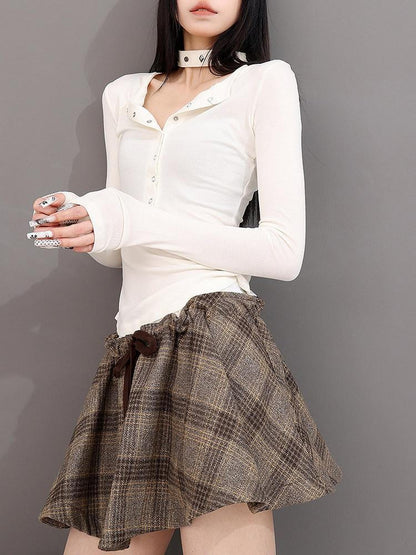 QIUQIU STUDIO Vintage Henley Button Slim Waist Women&