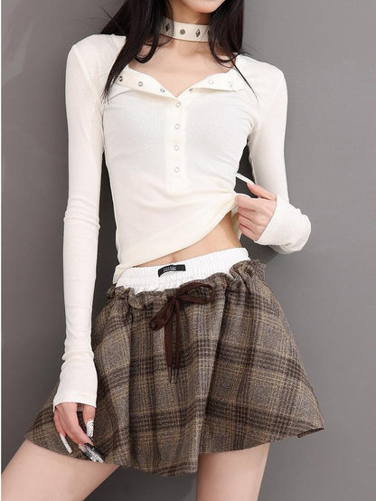 QIUQIU STUDIO Vintage Henley Button Slim Waist Women&