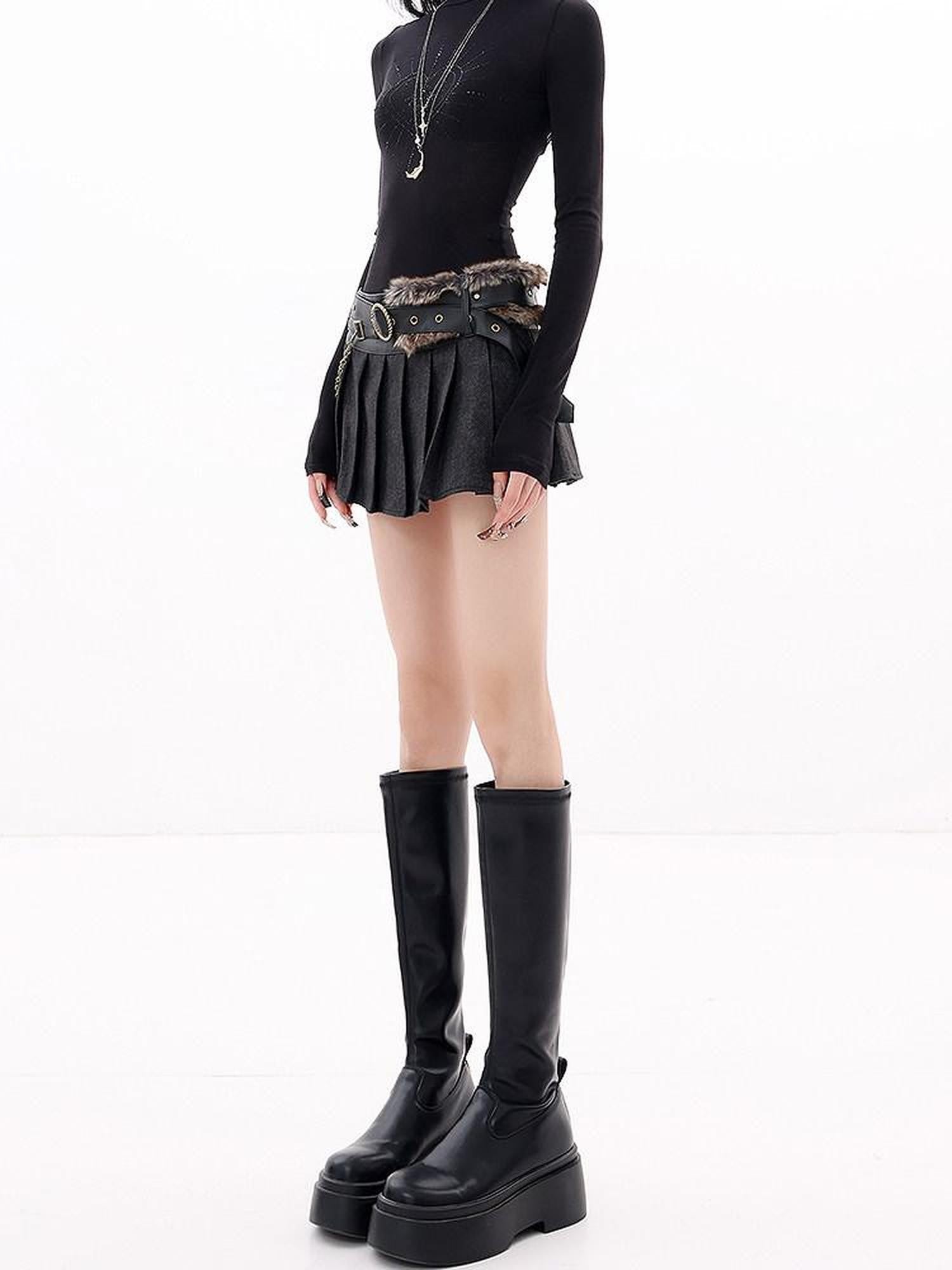 QIUQIU STUDIO Vintage Leather Fur Patchwork A Line Low Waist Women&