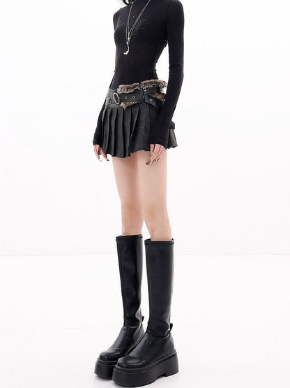 QIUQIU STUDIO Vintage Leather Fur Patchwork A Line Low Waist Women&