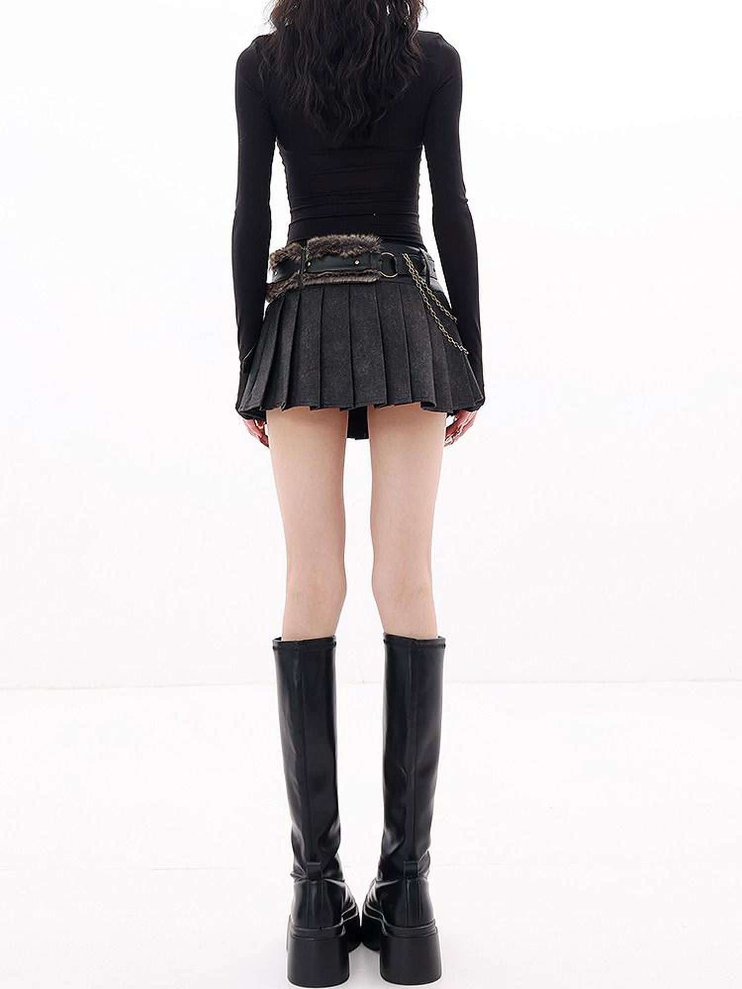 QIUQIU STUDIO Vintage Leather Fur Patchwork A Line Low Waist Women&