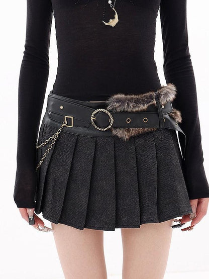 QIUQIU STUDIO Vintage Leather Fur Patchwork A Line Low Waist Women&