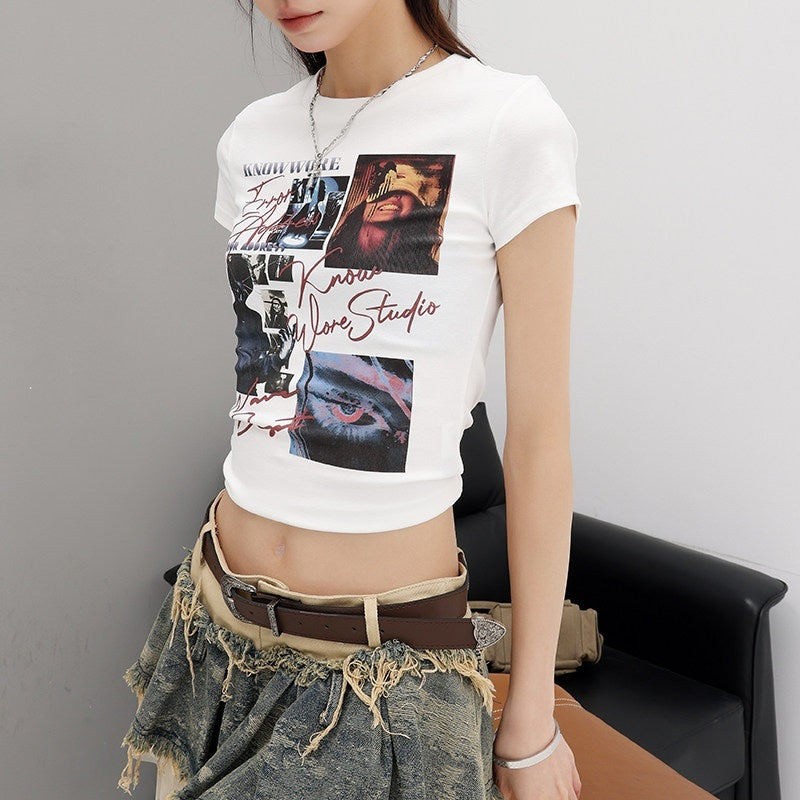 QIUQIU_STUDIO_Vintage_Letter_Figure_Print_Slim_Fit_Crewneck_Women&