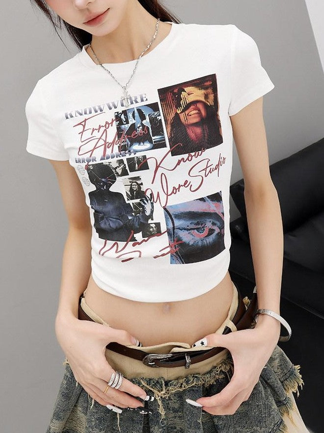 QIUQIU STUDIO Vintage Letter Figure Print Slim Fit Crewneck Women&