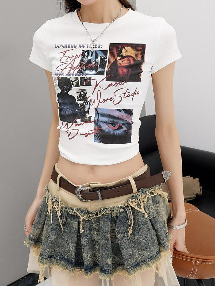 QIUQIU STUDIO Vintage Letter Figure Print Slim Fit Crewneck Women&