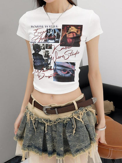 QIUQIU STUDIO Vintage Letter Figure Print Slim Fit Crewneck Women&