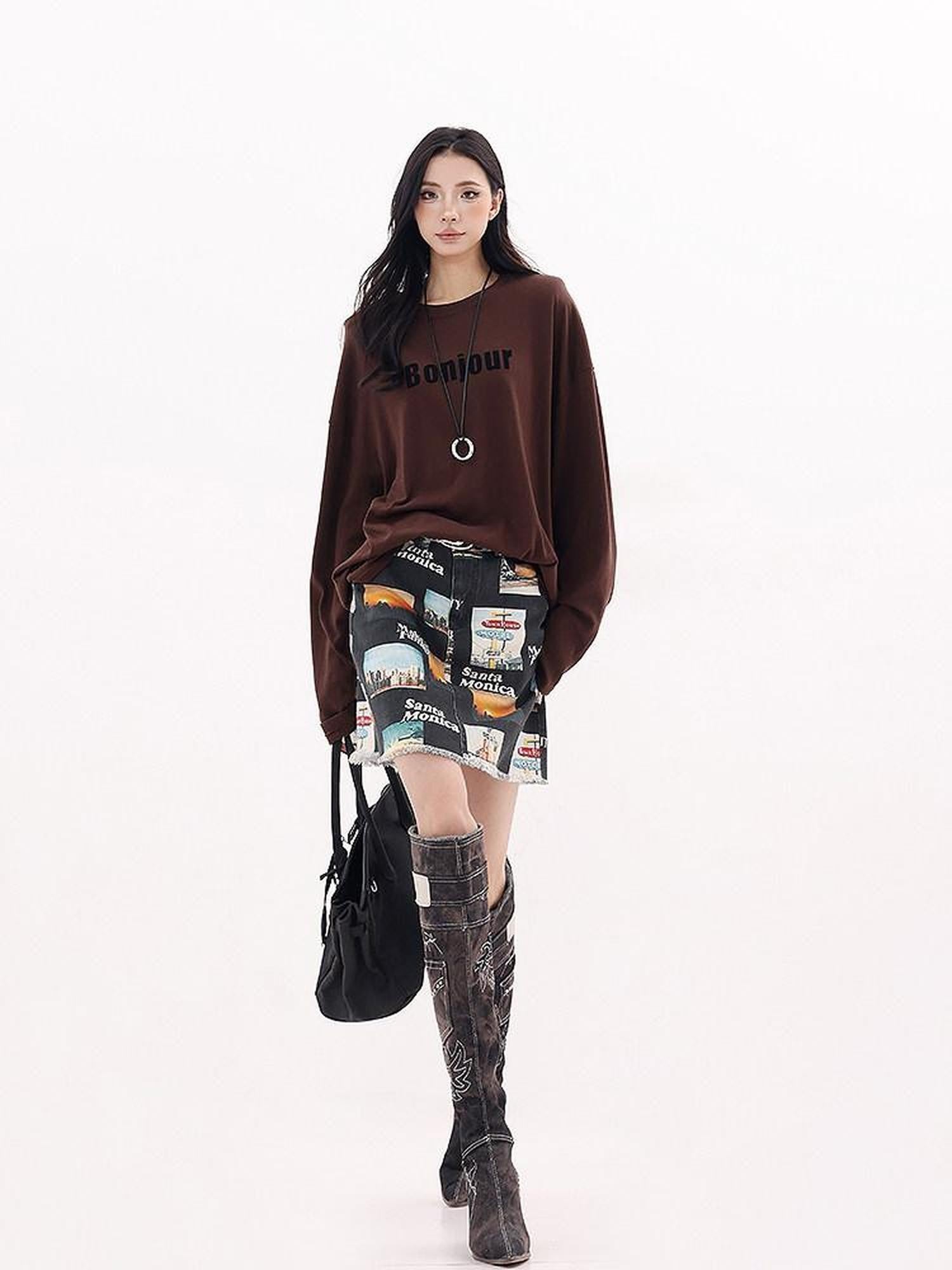 QIUQIU STUDIO Vintage Letter Print Crew Neck Loose Women&