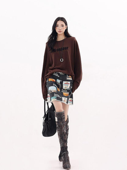 QIUQIU STUDIO Vintage Letter Print Crew Neck Loose Women&