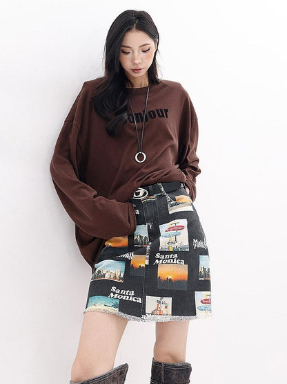QIUQIU STUDIO Vintage Letter Print Crew Neck Loose Women&