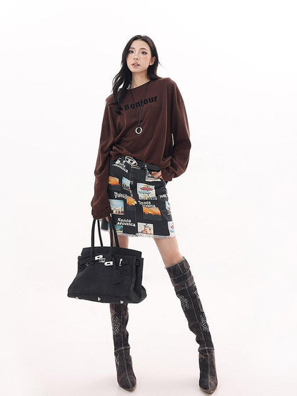 QIUQIU STUDIO Vintage Letter Print Crew Neck Loose Women&