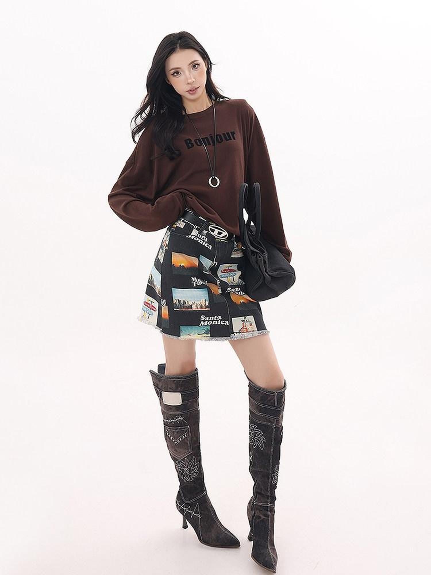 QIUQIU STUDIO Vintage Letter Print Crew Neck Loose Women&