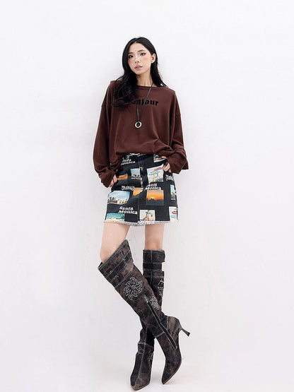 QIUQIU STUDIO Vintage Letter Print Crew Neck Loose Women&