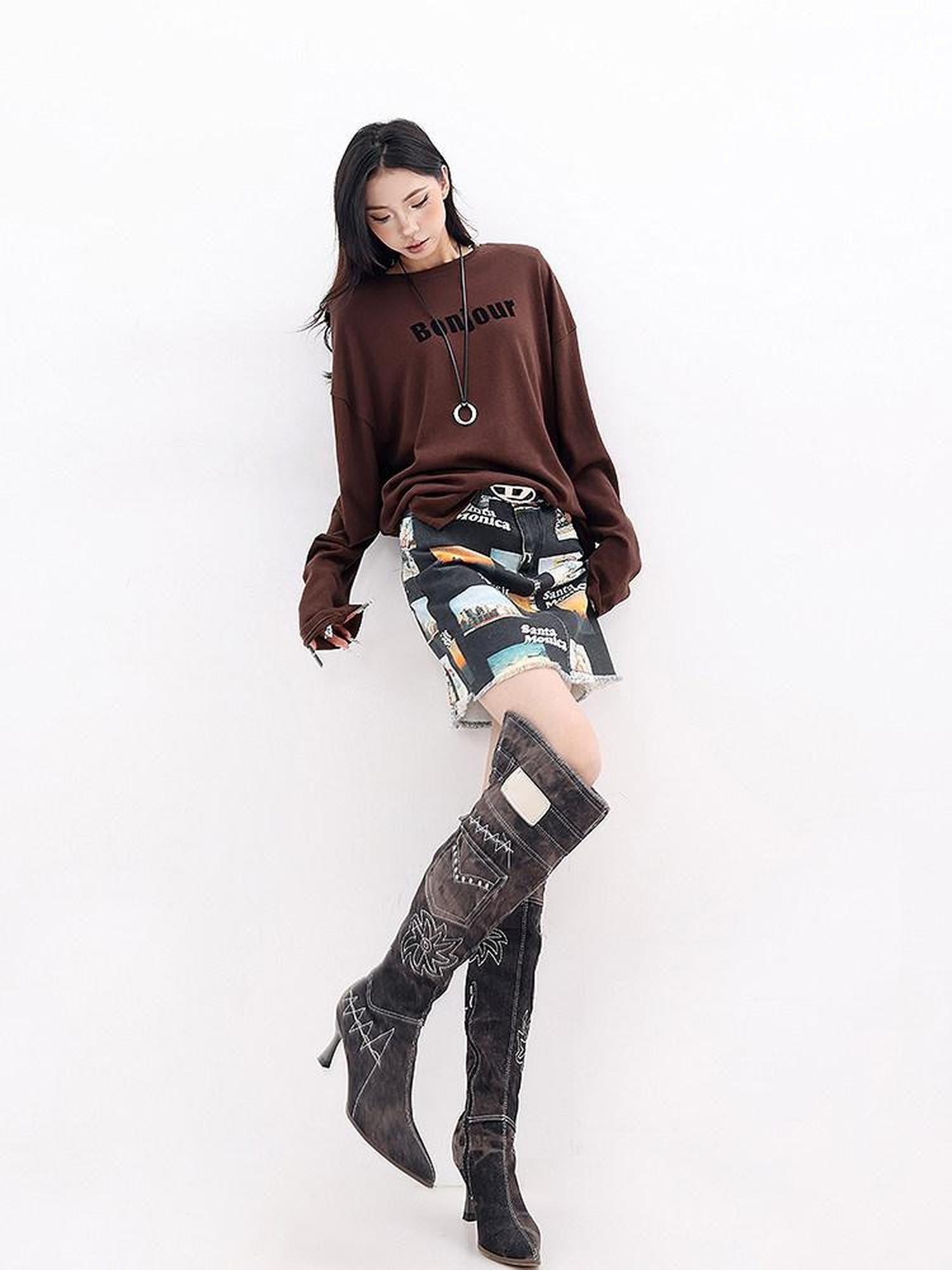 QIUQIU STUDIO Vintage Letter Print Crew Neck Loose Women&
