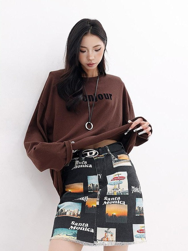 QIUQIU STUDIO Vintage Letter Print Crew Neck Loose Women&