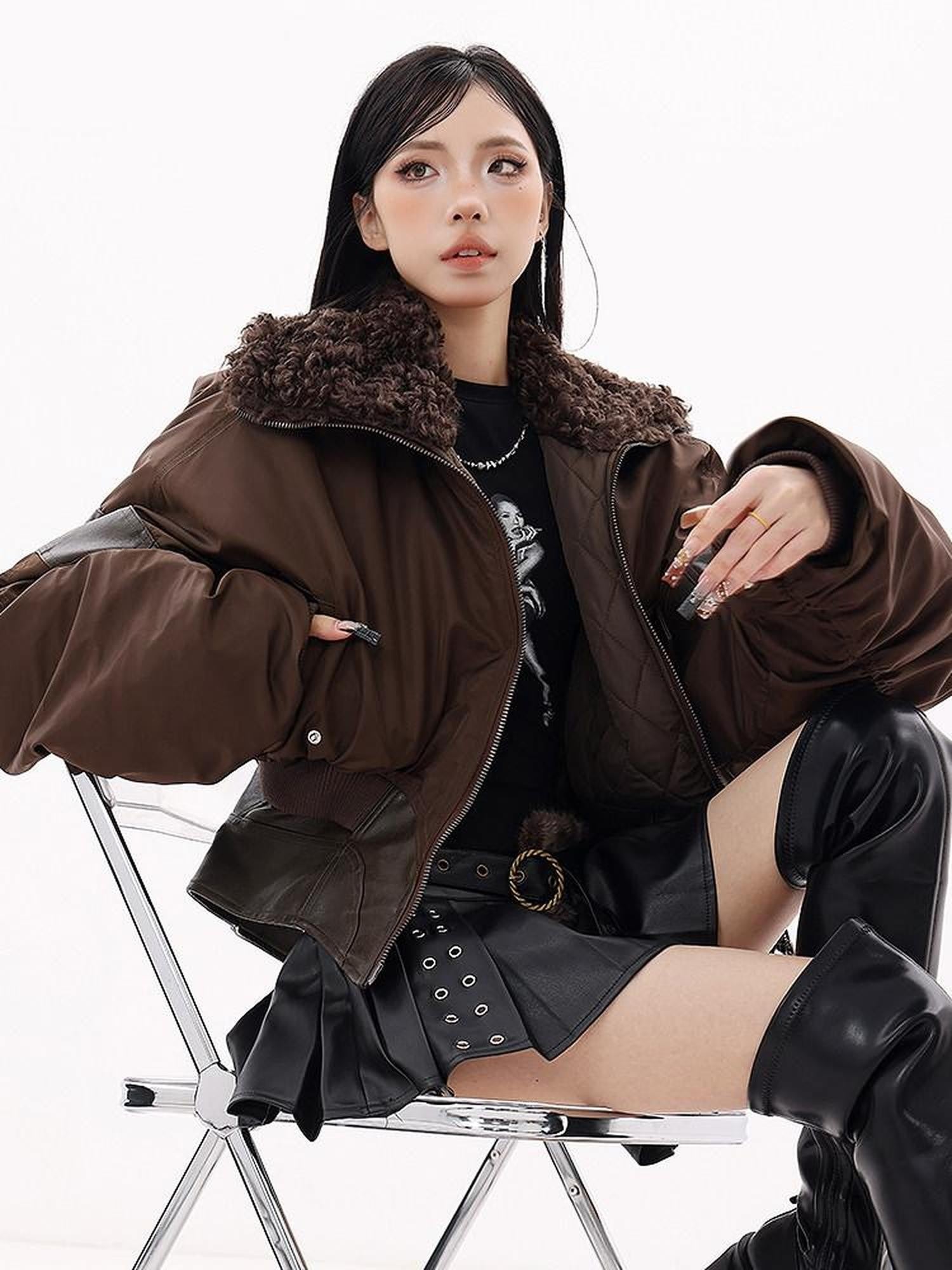 QIUQIU STUDIO Vintage Patchwork Cinched Waist Turn Down Collar Women&