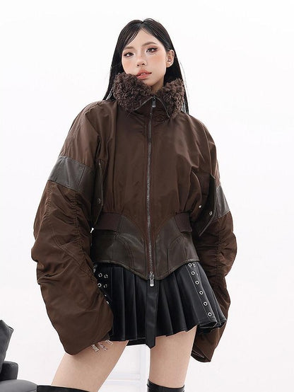 QIUQIU STUDIO Vintage Patchwork Cinched Waist Turn Down Collar Women&
