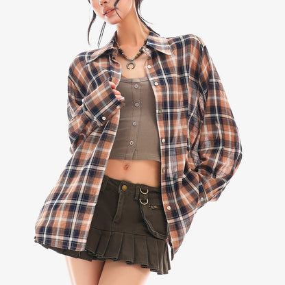 QIUQIU_STUDIO_Vintage_Plaid_Contrast_Turn_Down_Collar_Long_Sleeve_Women&