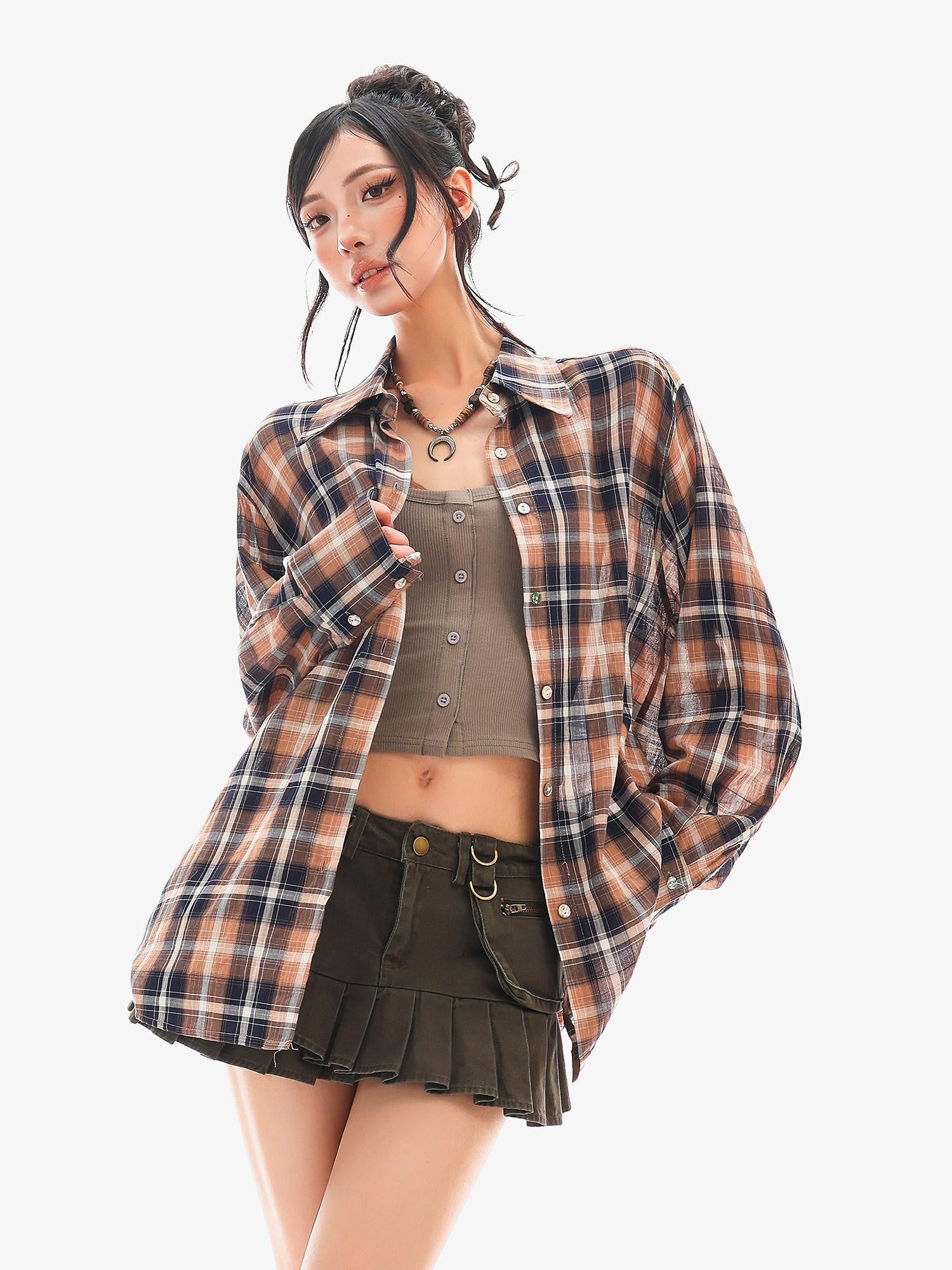 QIUQIU STUDIO Vintage Plaid Contrast Turn Down Collar Long Sleeve Women&