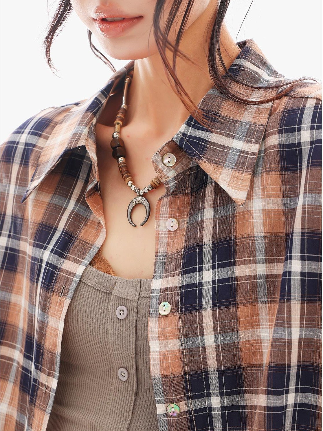 QIUQIU STUDIO Vintage Plaid Contrast Turn Down Collar Long Sleeve Women&