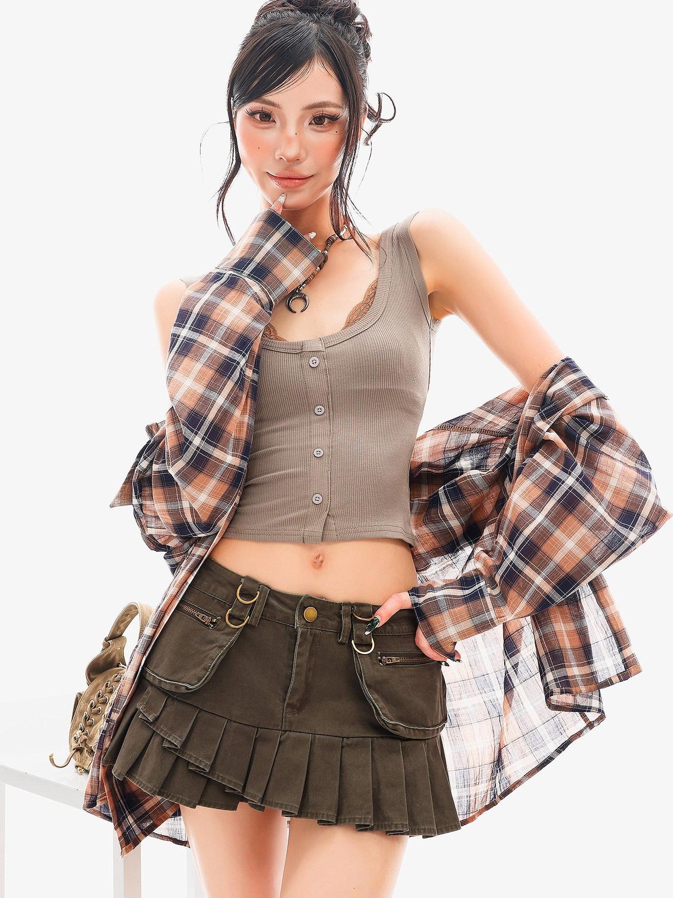 QIUQIU STUDIO Vintage Plaid Contrast Turn Down Collar Long Sleeve Women&