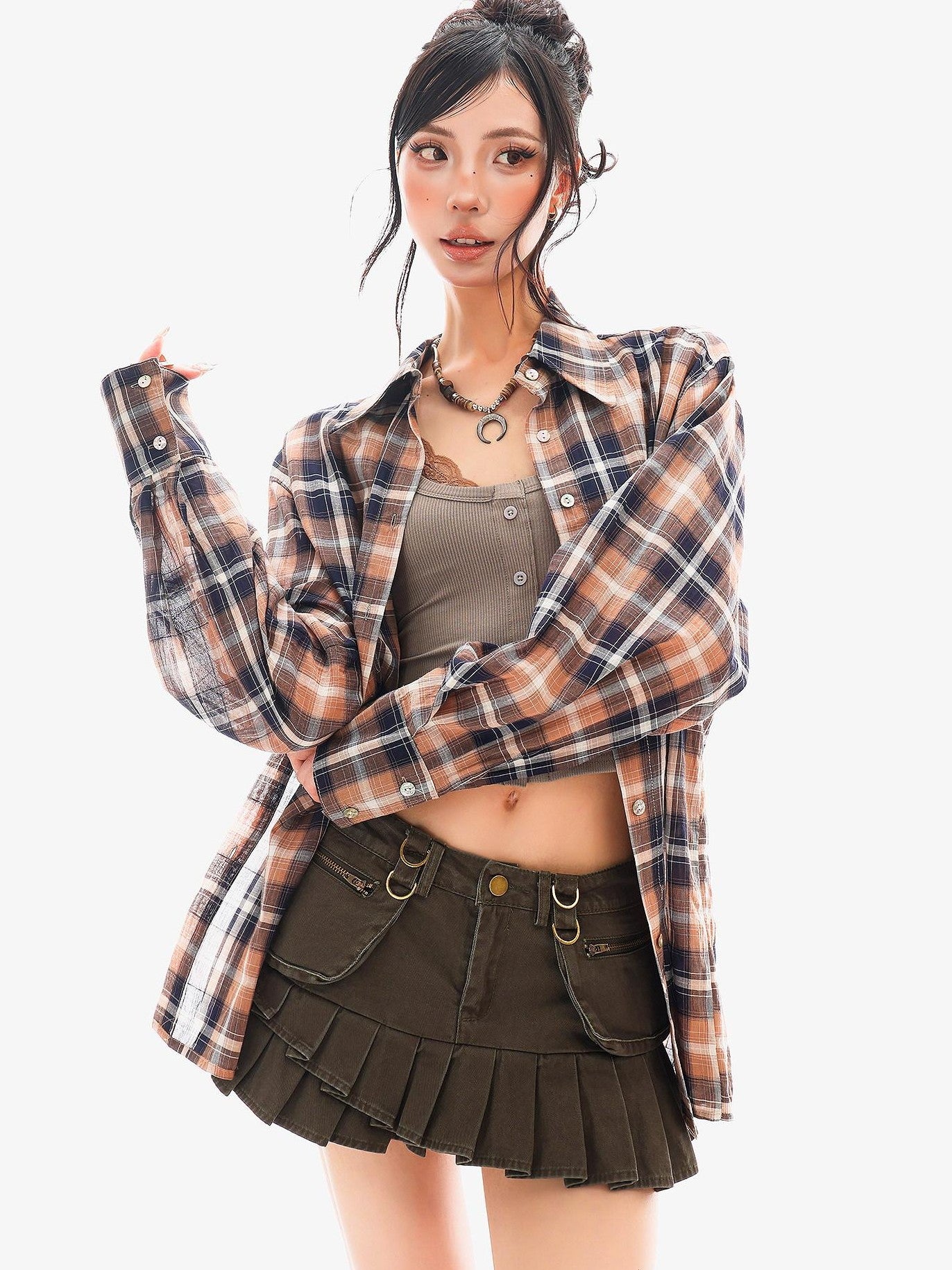 QIUQIU STUDIO Vintage Plaid Contrast Turn Down Collar Long Sleeve Women&
