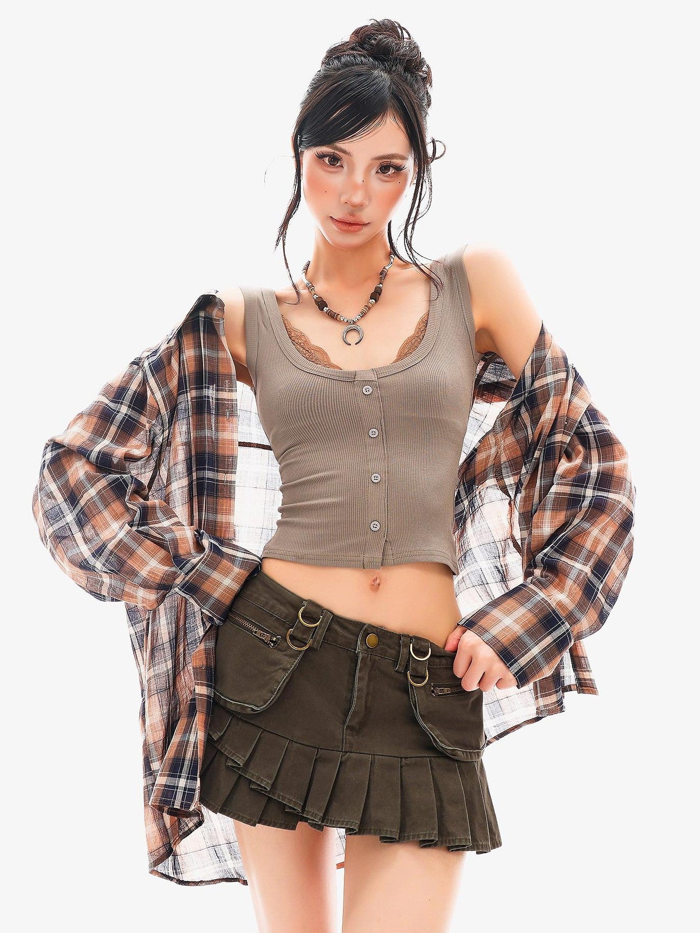 QIUQIU STUDIO Vintage Plaid Contrast Turn Down Collar Long Sleeve Women&