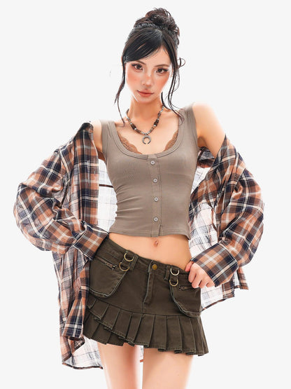 QIUQIU STUDIO Vintage Plaid Contrast Turn Down Collar Long Sleeve Women&