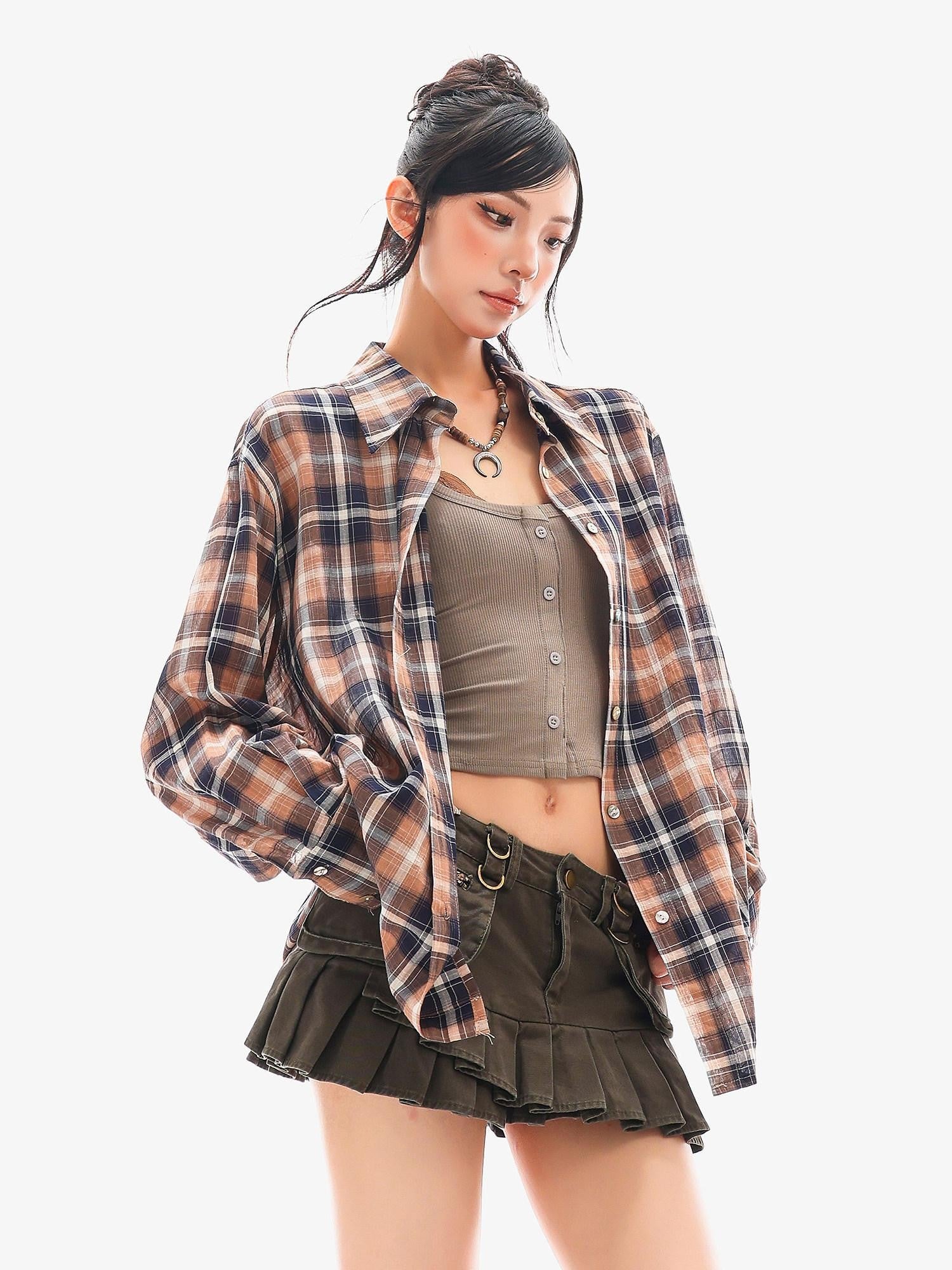 QIUQIU STUDIO Vintage Plaid Contrast Turn Down Collar Long Sleeve Women&