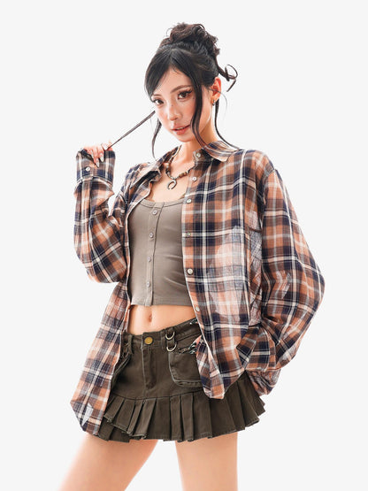 QIUQIU STUDIO Vintage Plaid Contrast Turn Down Collar Long Sleeve Women&