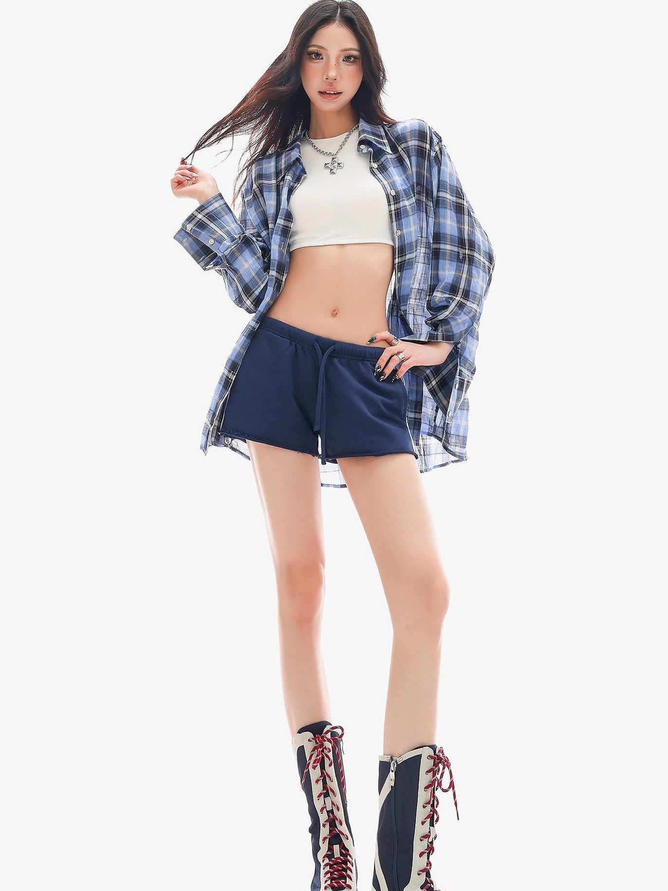 QIUQIU STUDIO Vintage Plaid Contrast Turn Down Collar Long Sleeve Women&