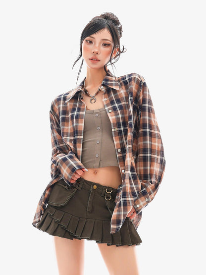QIUQIU STUDIO Vintage Plaid Contrast Turn Down Collar Long Sleeve Women&