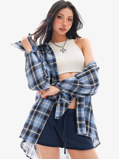 QIUQIU STUDIO Vintage Plaid Contrast Turn Down Collar Long Sleeve Women&