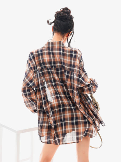QIUQIU STUDIO Vintage Plaid Contrast Turn Down Collar Long Sleeve Women&