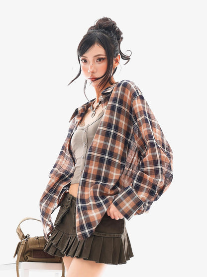 QIUQIU STUDIO Vintage Plaid Contrast Turn Down Collar Long Sleeve Women&