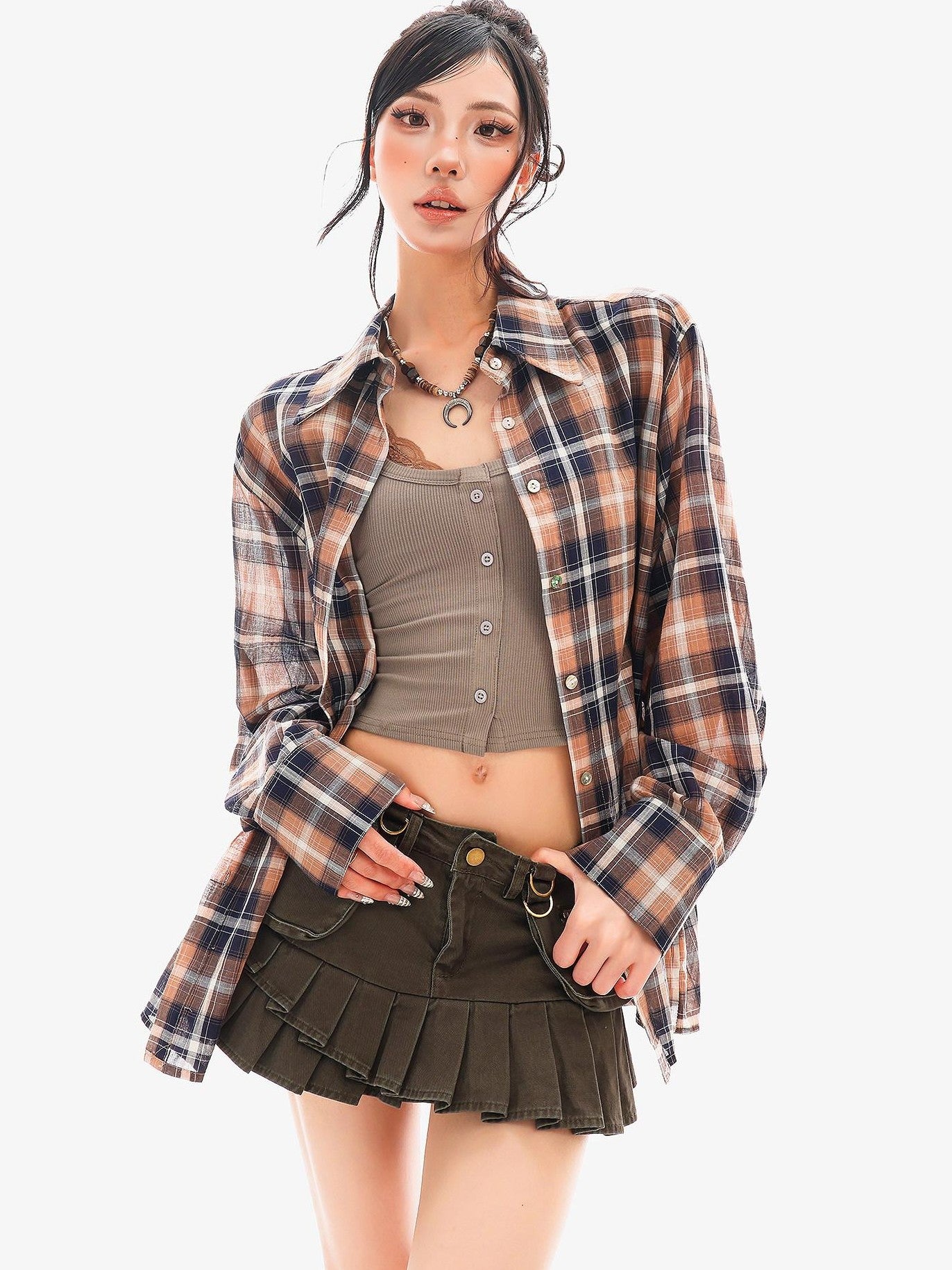 QIUQIU STUDIO Vintage Plaid Contrast Turn Down Collar Long Sleeve Women&