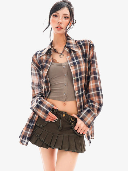 QIUQIU STUDIO Vintage Plaid Contrast Turn Down Collar Long Sleeve Women&