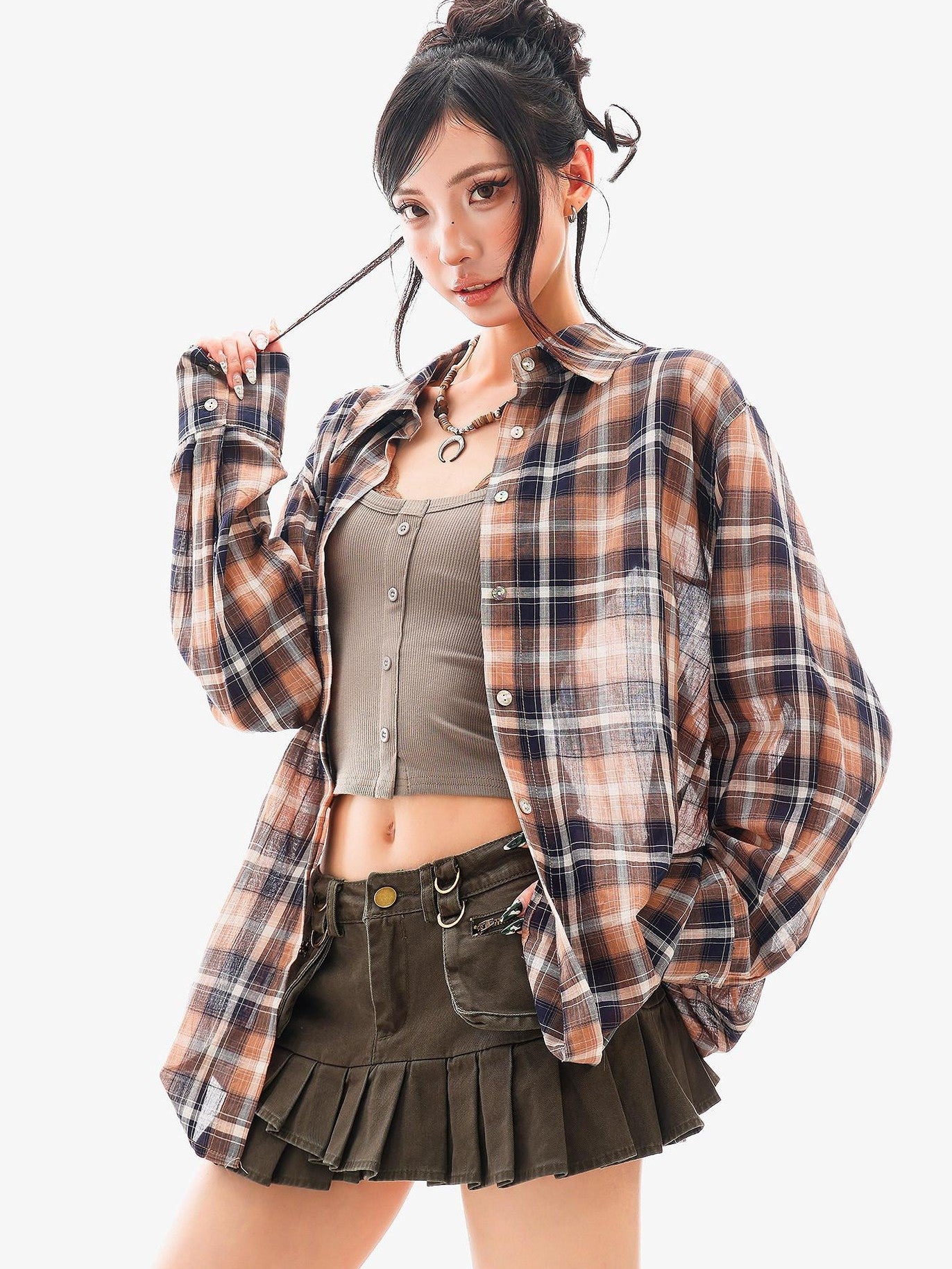 QIUQIU STUDIO Vintage Plaid Contrast Turn Down Collar Long Sleeve Women&