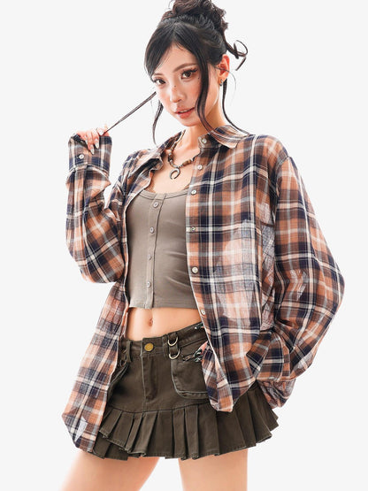 QIUQIU STUDIO Vintage Plaid Contrast Turn Down Collar Long Sleeve Women&