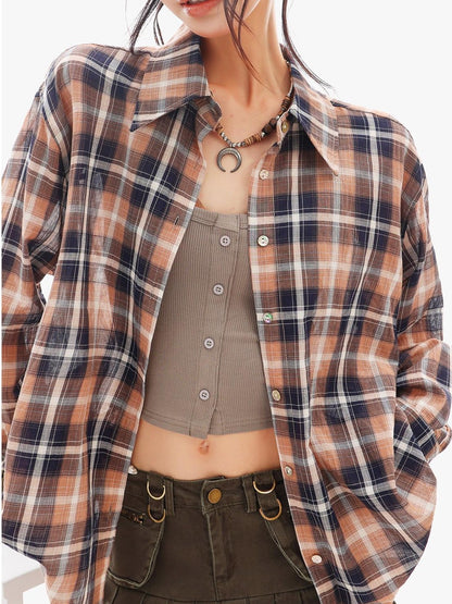 QIUQIU STUDIO Vintage Plaid Contrast Turn Down Collar Long Sleeve Women&