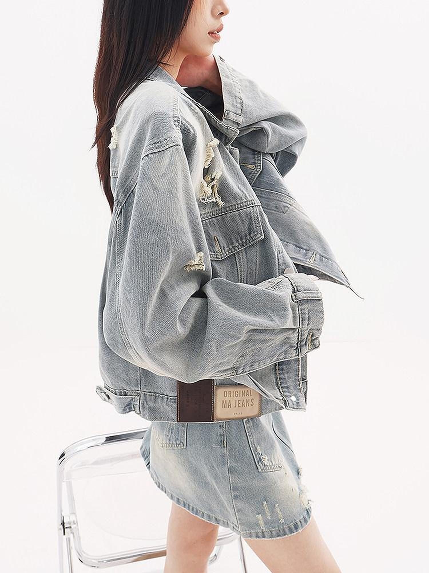 QIUQIU STUDIO Vintage Ripped Fringed Cropped Loose Women&