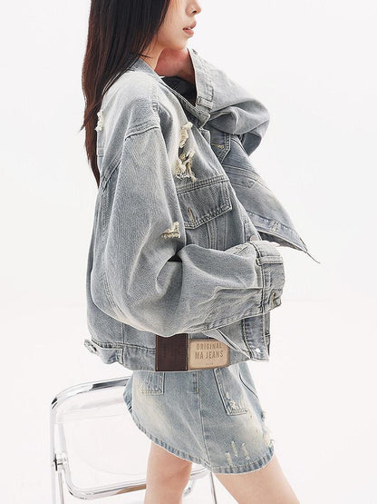 QIUQIU STUDIO Vintage Ripped Fringed Cropped Loose Women&