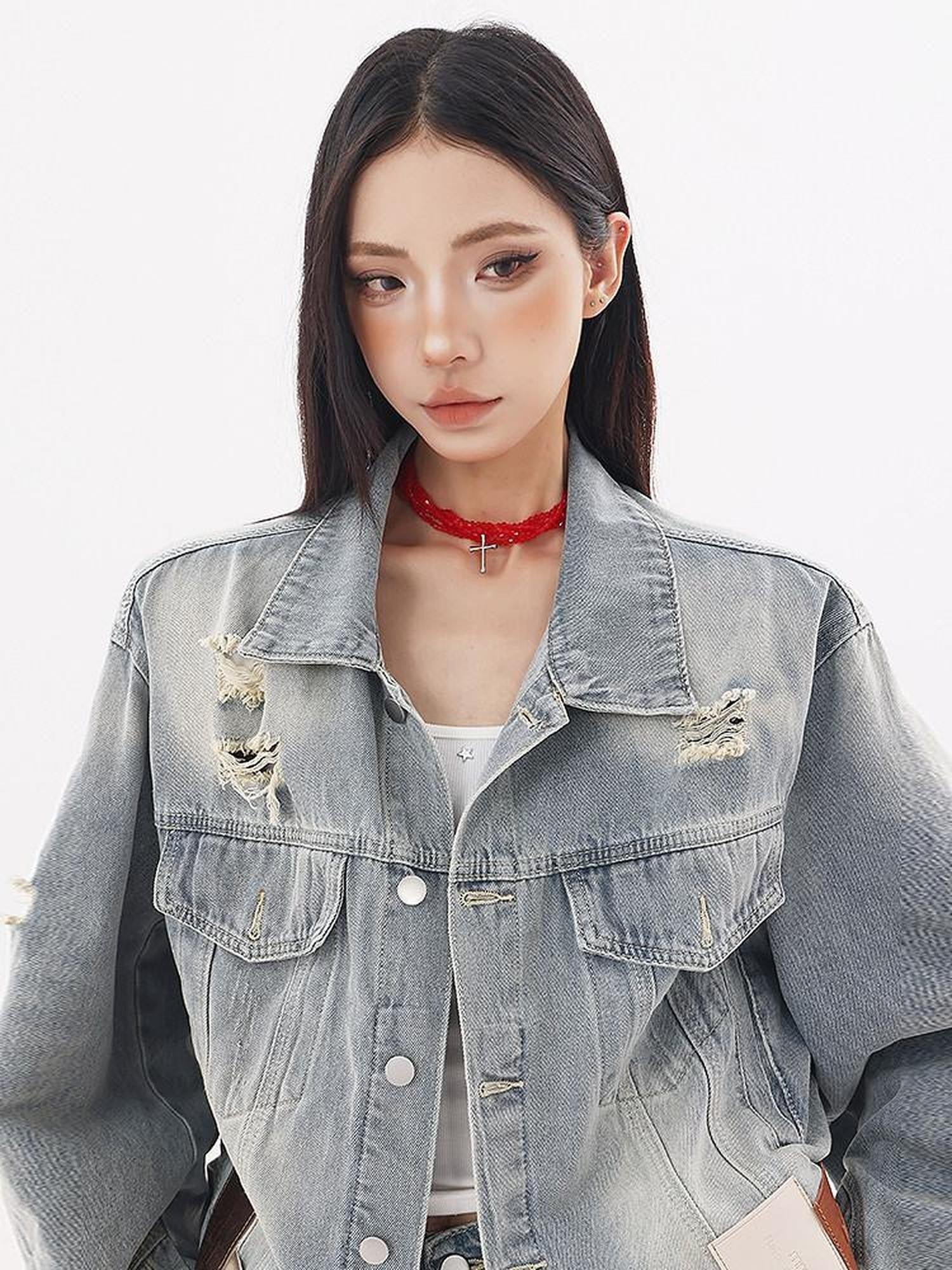 QIUQIU STUDIO Vintage Ripped Fringed Cropped Loose Women&