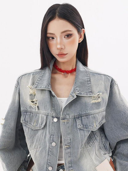 QIUQIU STUDIO Vintage Ripped Fringed Cropped Loose Women&