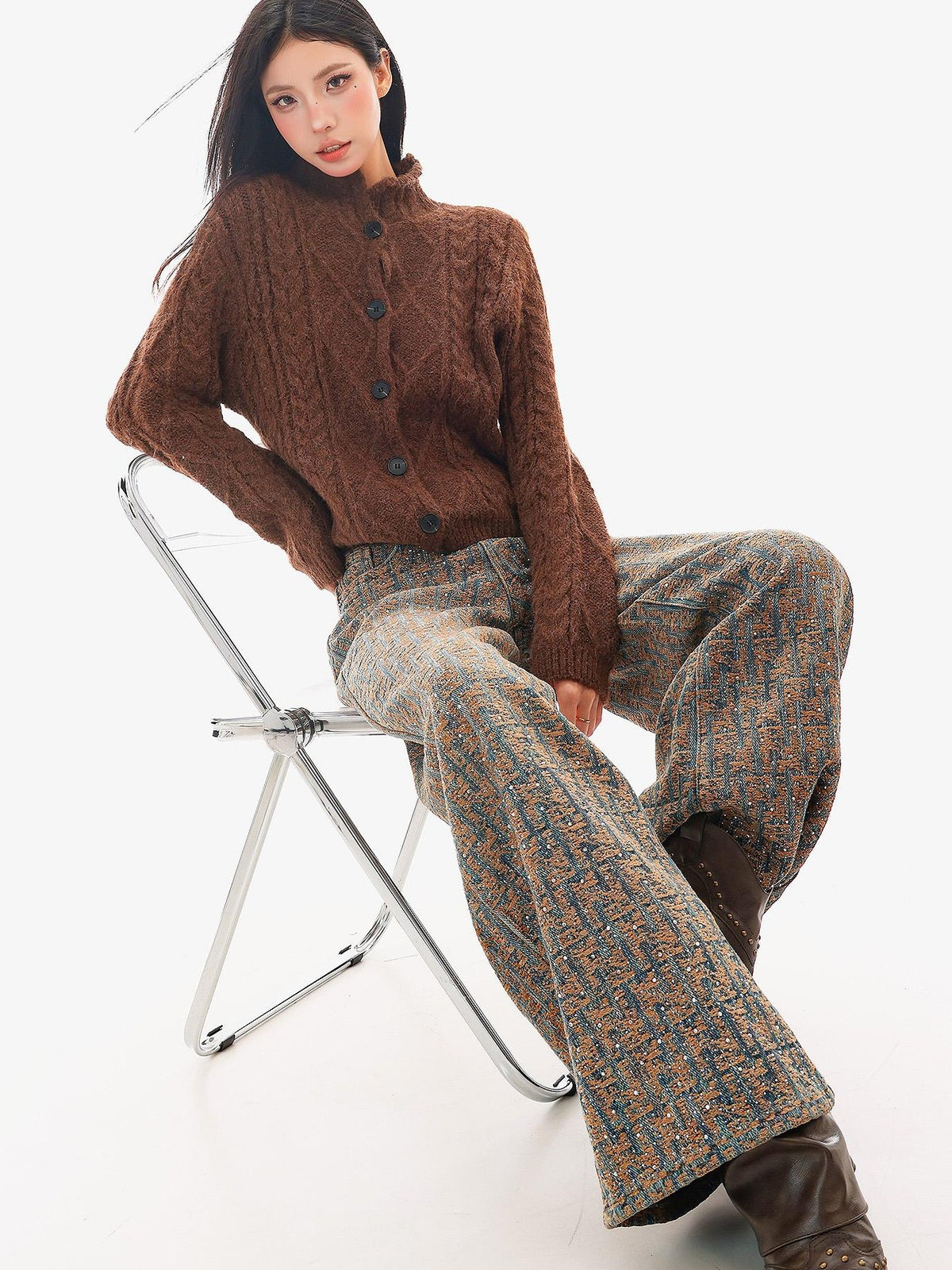 QIUQIU STUDIO Vintage Soft Knit Button Front Long Sleeve Loose Fit Women&