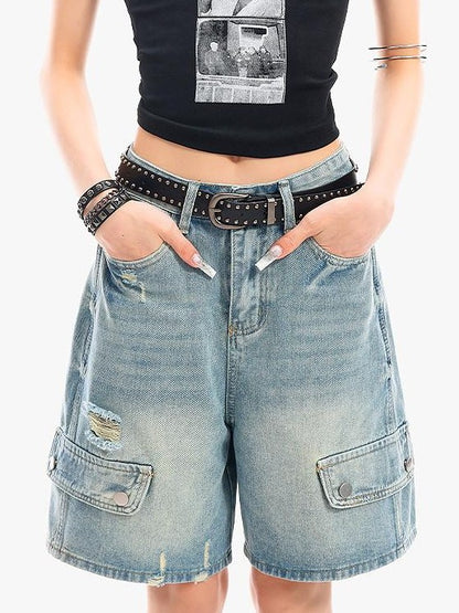 QIUQIU STUDIO Vintage Washed Distressed Ripped Wide Leg Women&